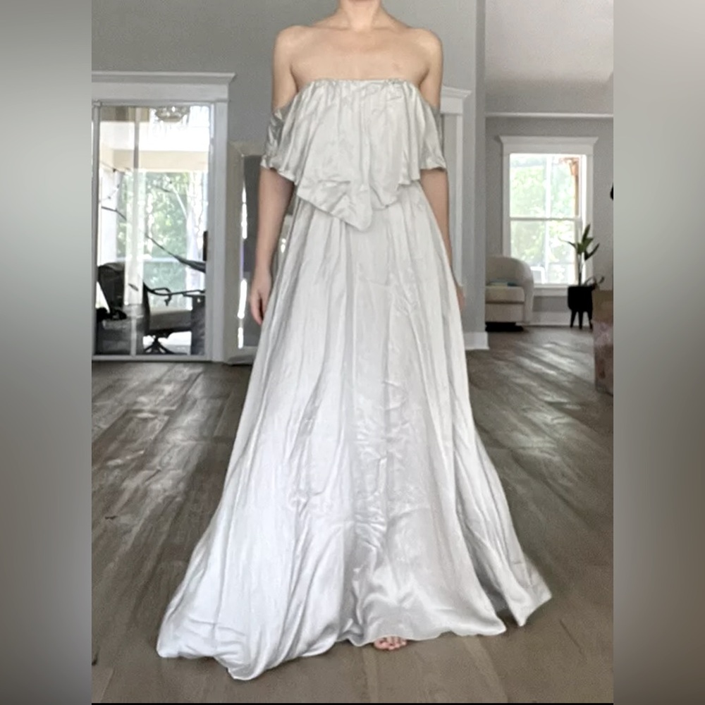 Silk Hensley Silver Off Shoulder Maxi Gown